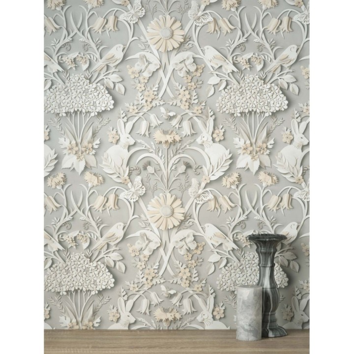 Papel pintado campestre de pájaros y conejos gris - Lorraine 681307