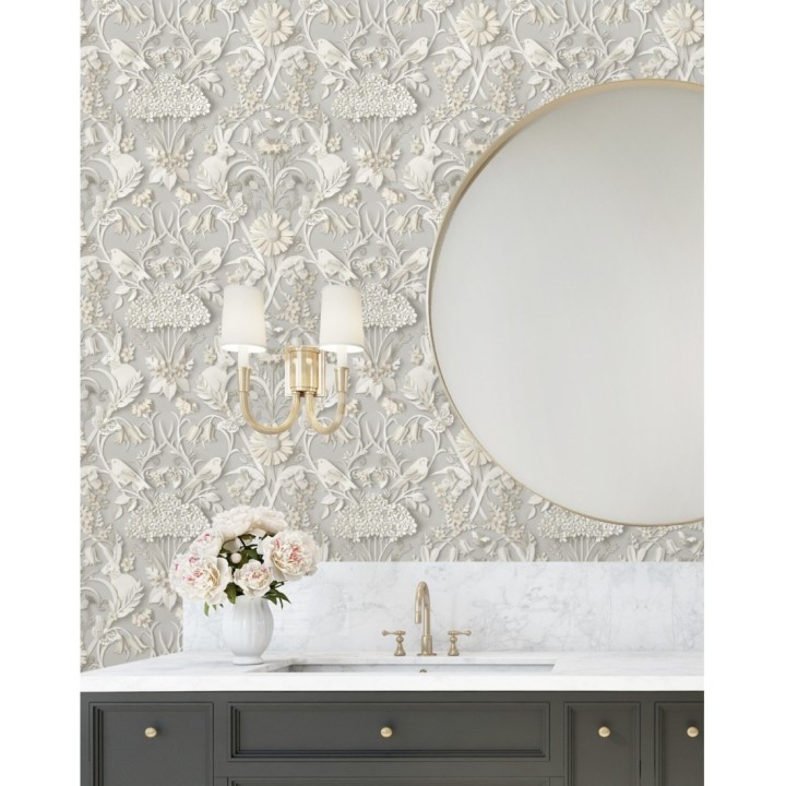 Papel pintado campestre de pájaros y conejos gris - Lorraine 681307