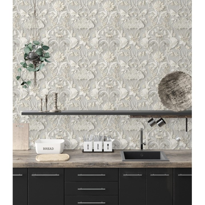 Papel pintado campestre de pájaros y conejos gris - Lorraine 681307