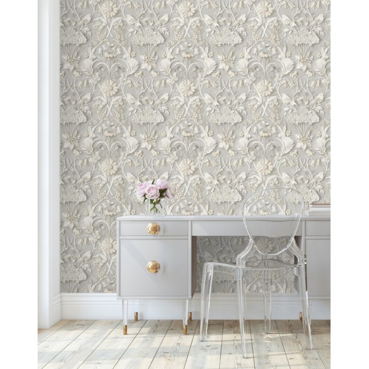 Papel pintado campestre de pájaros y conejos gris - Lorraine 681307