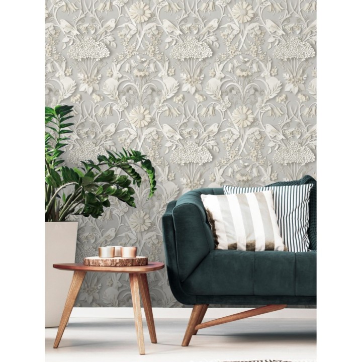 Papel pintado campestre de pájaros y conejos gris - Lorraine 681307