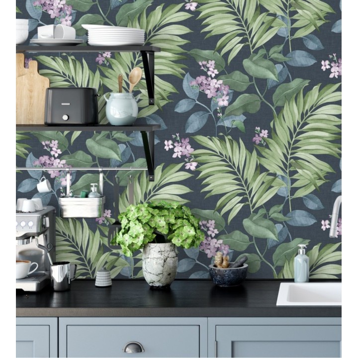 Papel pintado hojas tropicales con flores románticas - Nayarit Flowers 681323