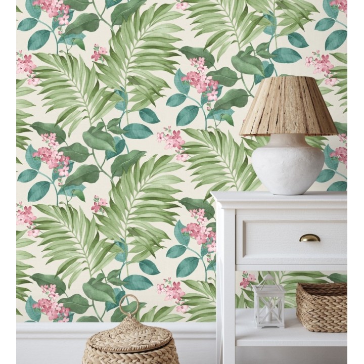 Papel pintado hojas tropicales con flores románticas - Nayarit Flowers 681324