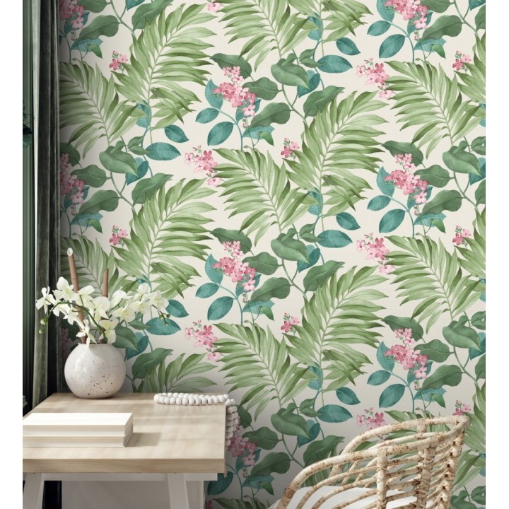 Papel pintado hojas tropicales con flores románticas - Nayarit Flowers 681324