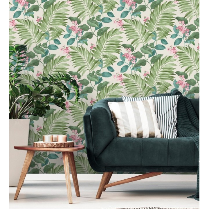 Papel pintado hojas tropicales con flores románticas - Nayarit Flowers 681324