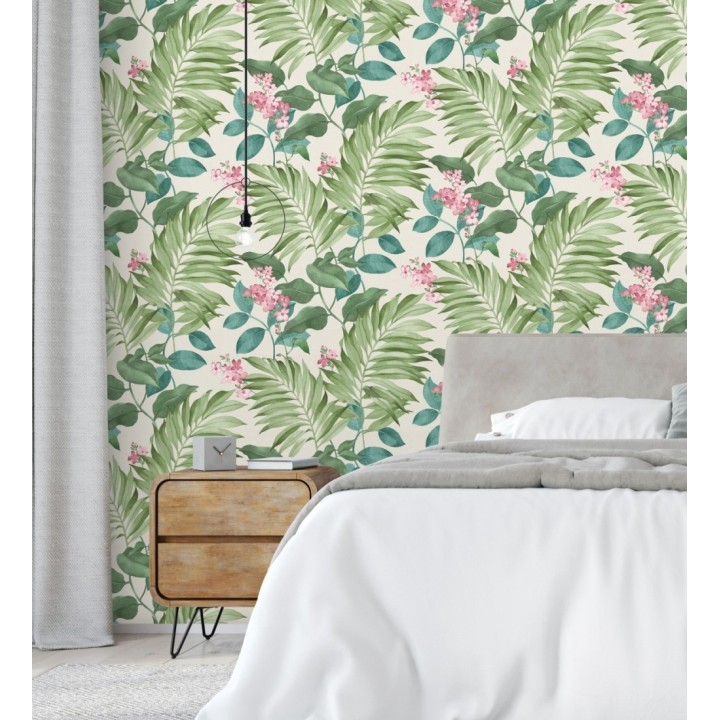 Papel pintado hojas tropicales con flores románticas - Nayarit Flowers 681324