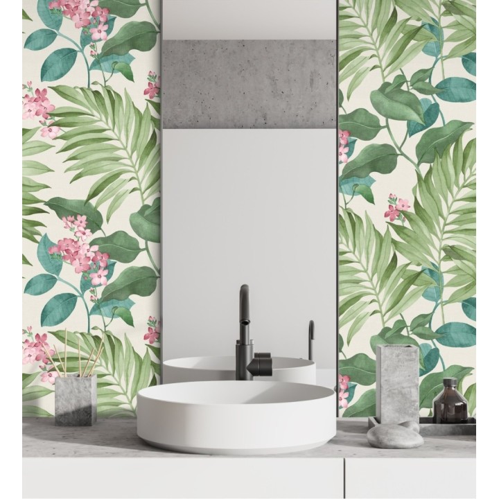 Papel pintado hojas tropicales con flores románticas - Nayarit Flowers 681324