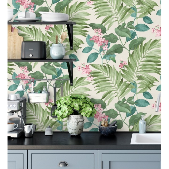 Papel pintado hojas tropicales con flores románticas - Nayarit Flowers 681324