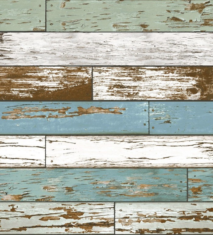 Papel pintado madera decapada en listones blanco y azul tropical - Cascais 121269