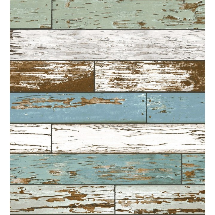 Papel pintado madera decapada en listones blanco y azul tropical - Cascais 121269