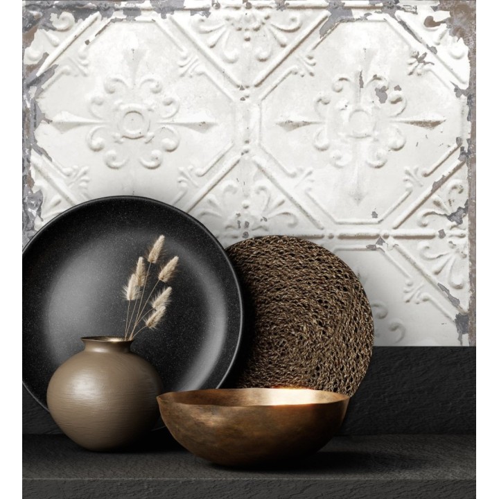 Papel pintado azulejos vintage blanco estilo barroco - Zagora 121271