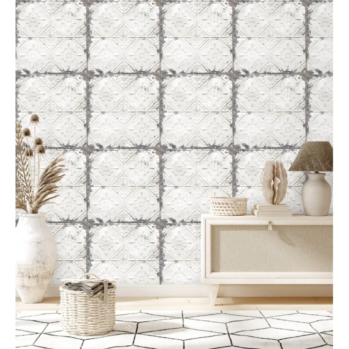 Papel pintado azulejos vintage blanco estilo barroco - Zagora 121271