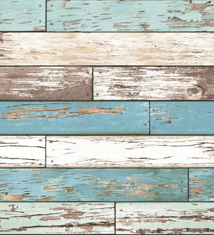 Papel pintado madera decapada en listones tonos turquesa tropical - Cascais 121281