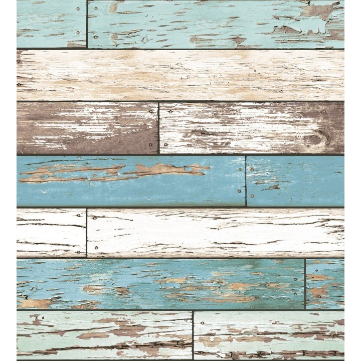 Papel pintado madera decapada en listones tonos turquesa tropical - Cascais 121281