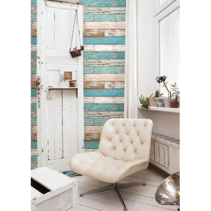 Papel pintado madera decapada en listones tonos turquesa tropical - Cascais 121281