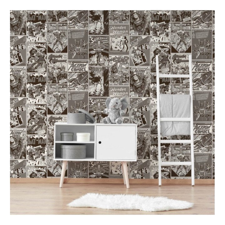 Papel pintado cómic de los héroes DC de Warner Bros en blanco y negro - Warner Comics 681516