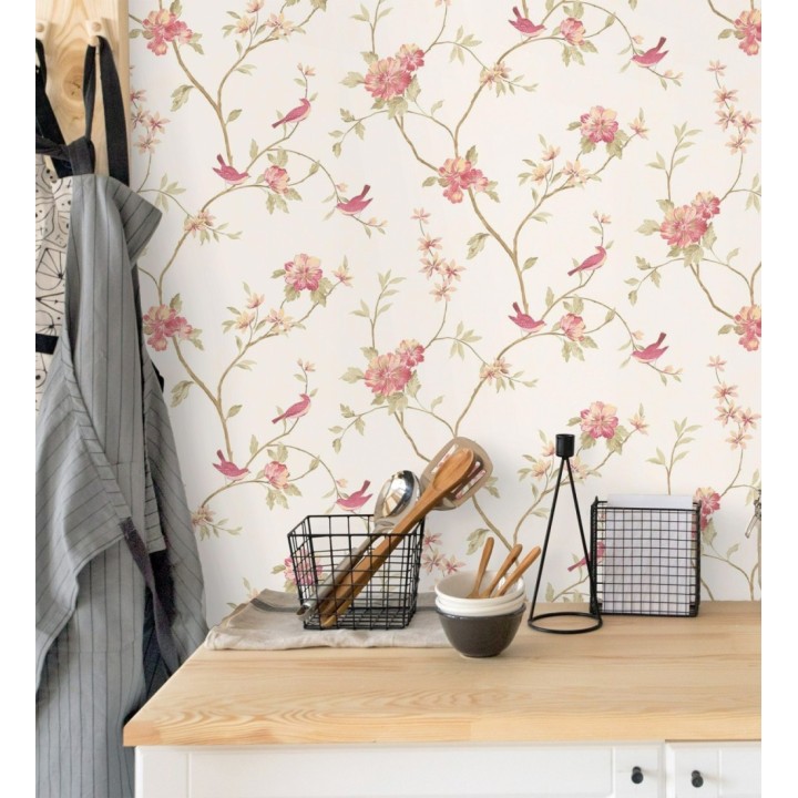 Papel pintado pájaros y flores estilo romántico - Villa Elena 121364