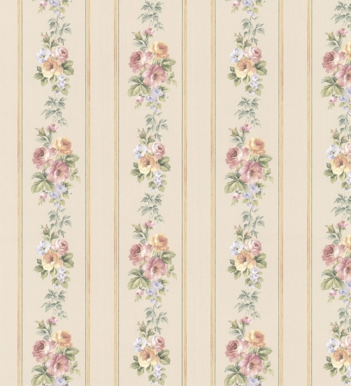 Papel pintado rayas y flores románticas vintage - Jardin de Lise 121378