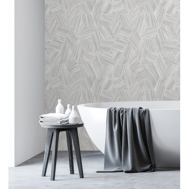 Papel pintado de hexágonos con delgadas líneas color plata - Maurice Metrix 681674