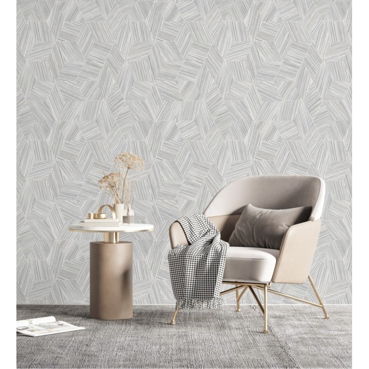 Papel pintado de hexágonos con delgadas líneas color plata - Maurice Metrix 681674