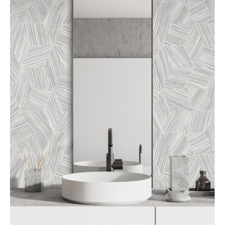 Papel pintado de hexágonos con delgadas líneas color plata - Maurice Metrix 681674