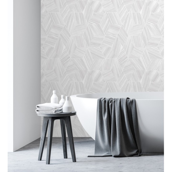 Papel pintado de hexágonos con delgadas líneas color plata - Maurice Metrix 681677