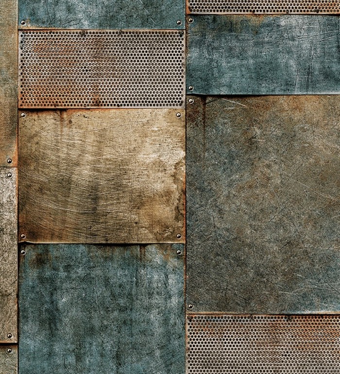 Papel pintado mosaico de chapas oxidadas estilo industrial - Bravos Metal 681689