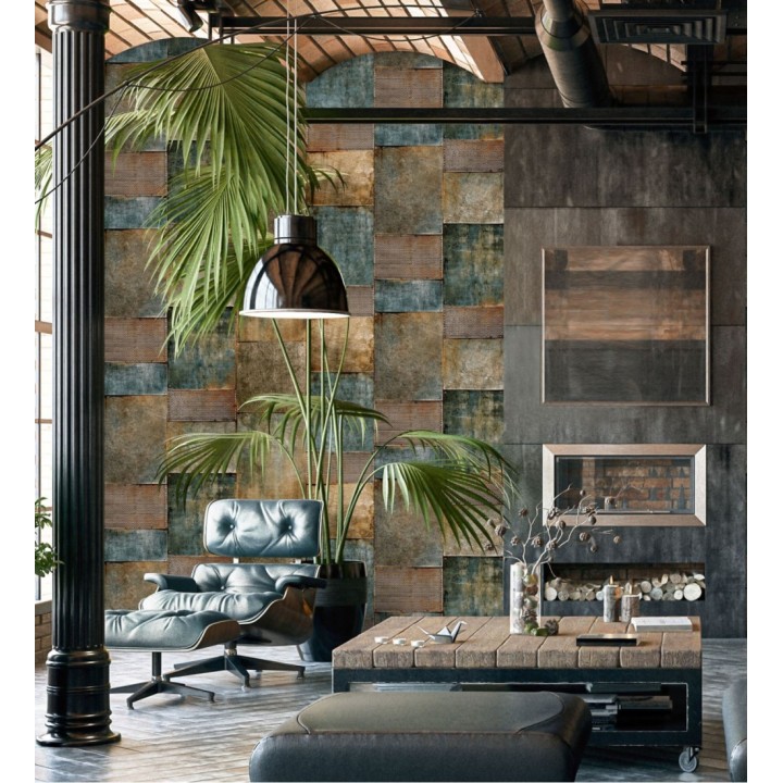Papel pintado mosaico de chapas oxidadas estilo industrial - Bravos Metal 681689