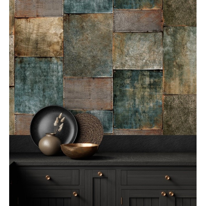 Papel pintado mosaico de chapas oxidadas estilo industrial - Bravos Metal 681689