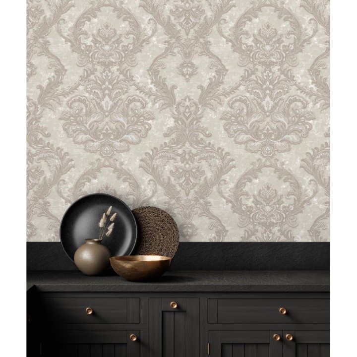 Papel pintado damasco clásico con fondo estucado - Domani 681703