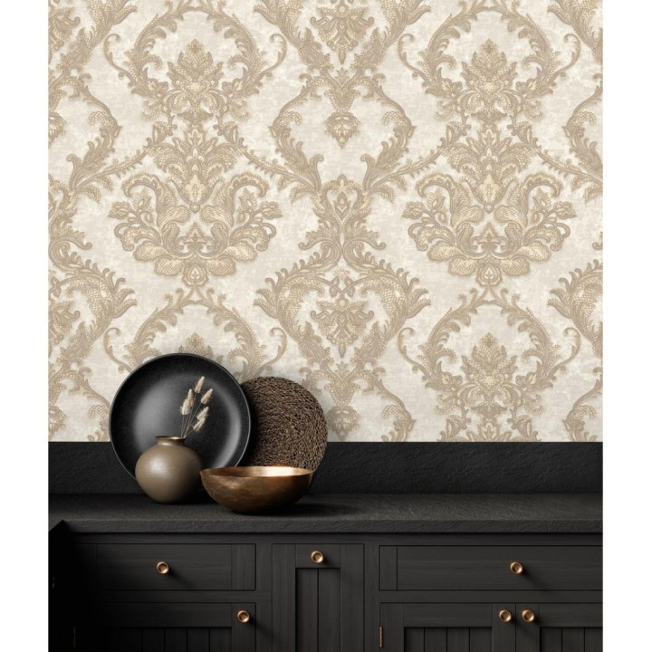 Papel pintado damasco clásico con fondo estucado - Domani 681704
