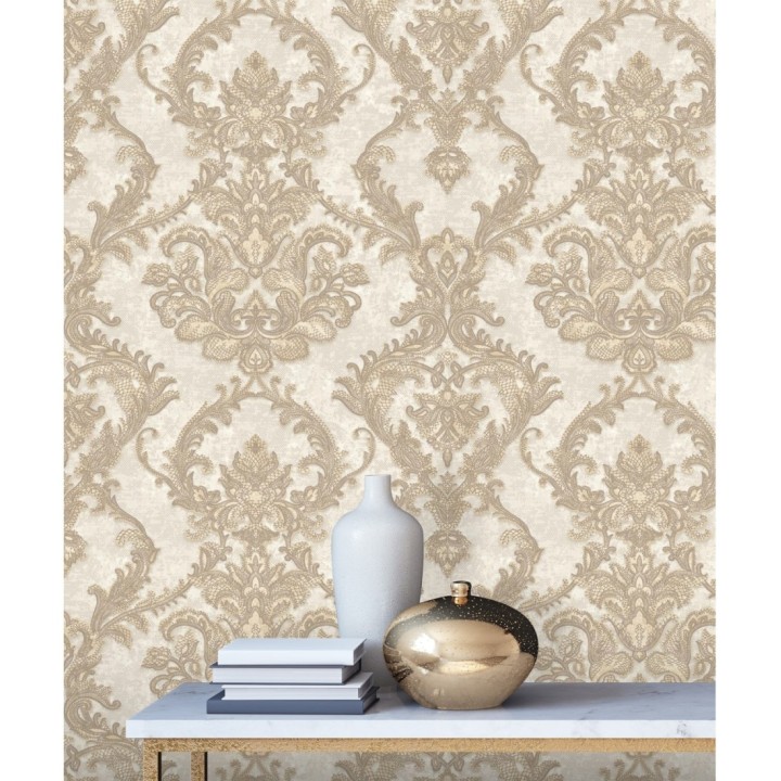 Papel pintado damasco clásico con fondo estucado - Domani 681704
