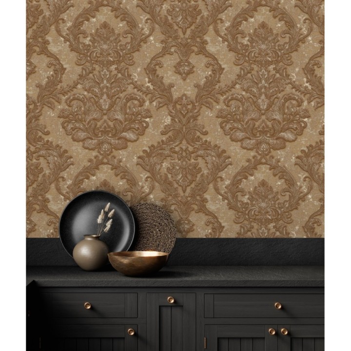 Papel pintado damasco clásico con fondo estucado - Domani 681705