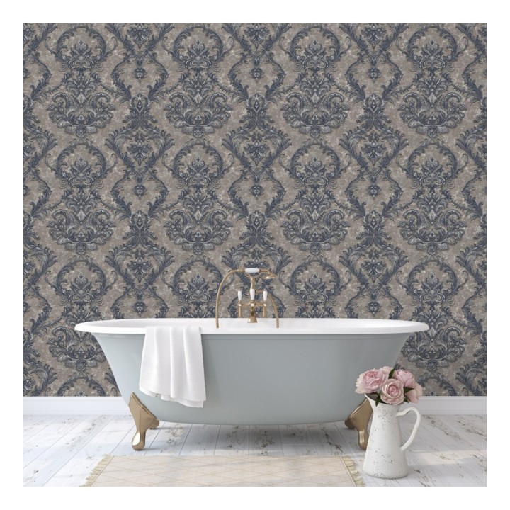 Papel pintado damasco clásico con fondo estucado - Domani 681706