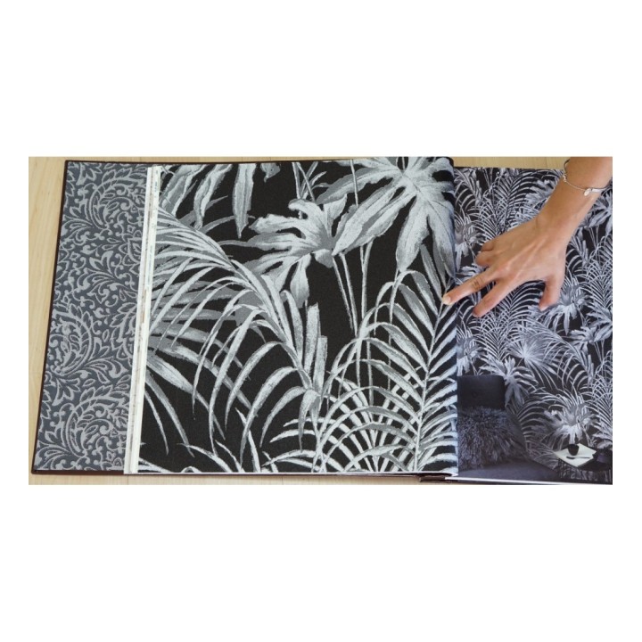 Papel pintado plantas tropicales plata fondo negro - Cumbia 121453