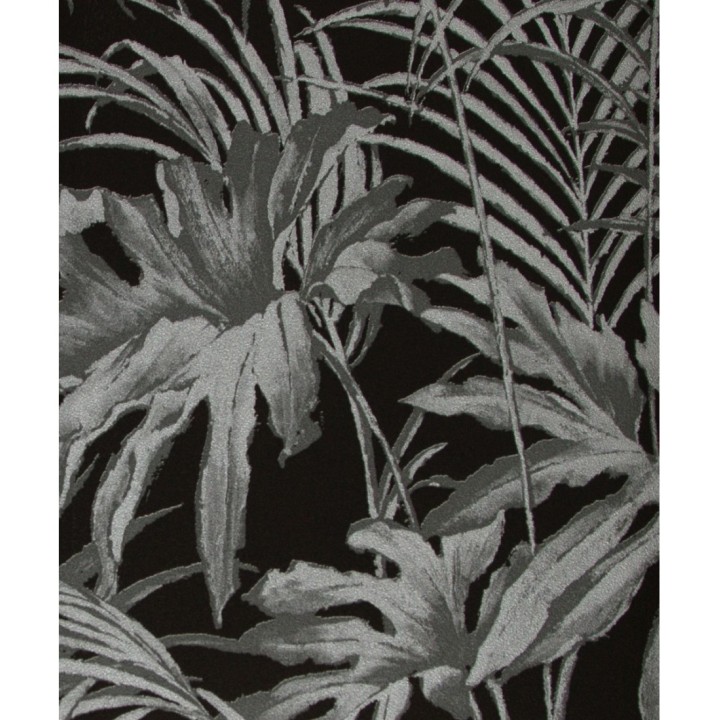 Papel pintado plantas tropicales plata fondo negro - Cumbia 121453