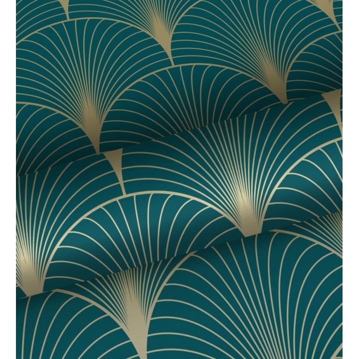 Papel pintado Art déco con destellos dorados fondo turquesa - Arleth 681767