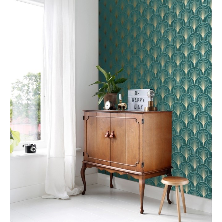 Papel pintado Art déco con destellos dorados fondo turquesa - Arleth 681767