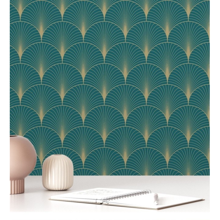 Papel pintado Art déco con destellos dorados fondo turquesa - Arleth 681767