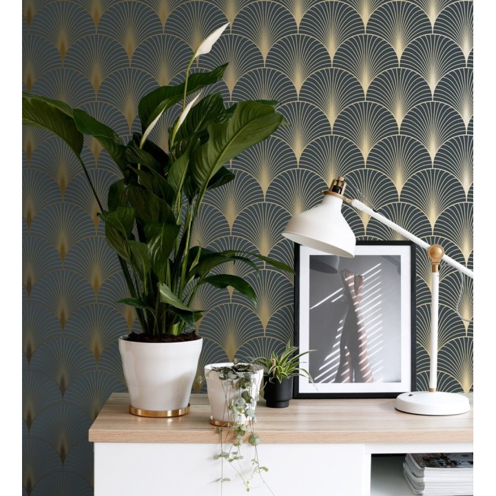 Papel pintado Art déco con destellos dorados fondo negro - Arleth 681768