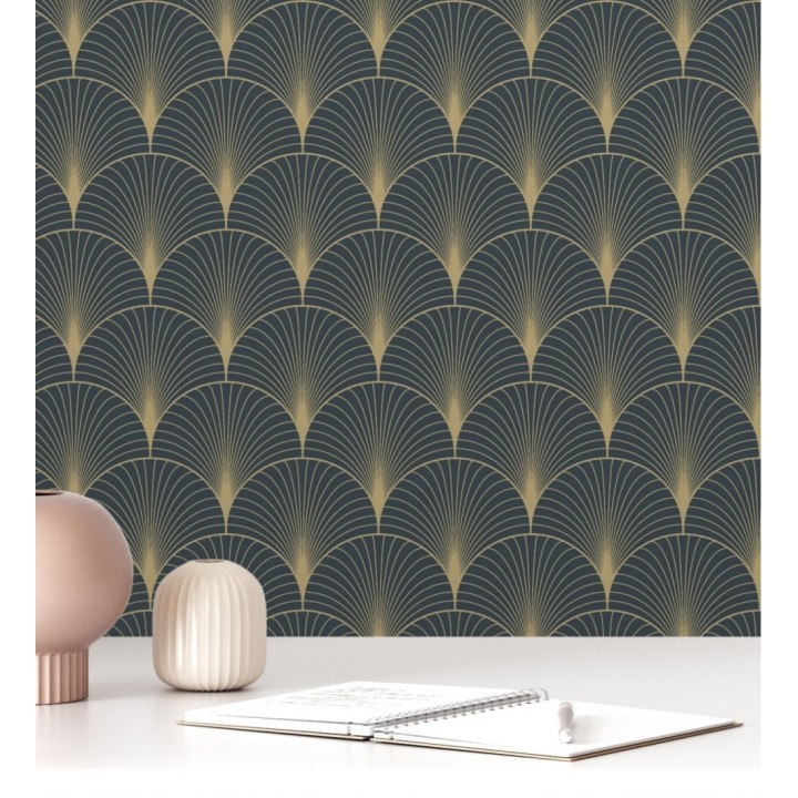 Papel pintado Art déco con destellos dorados fondo negro - Arleth 681768