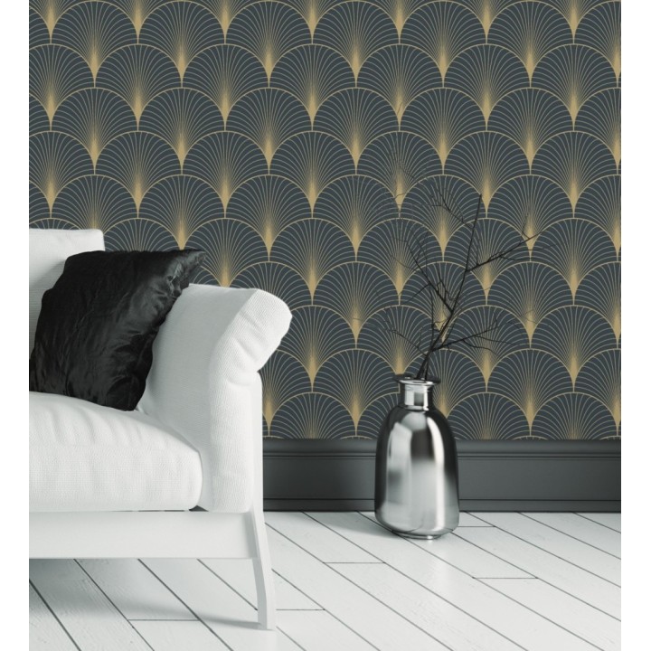 Papel pintado Art déco con destellos dorados fondo negro - Arleth 681768