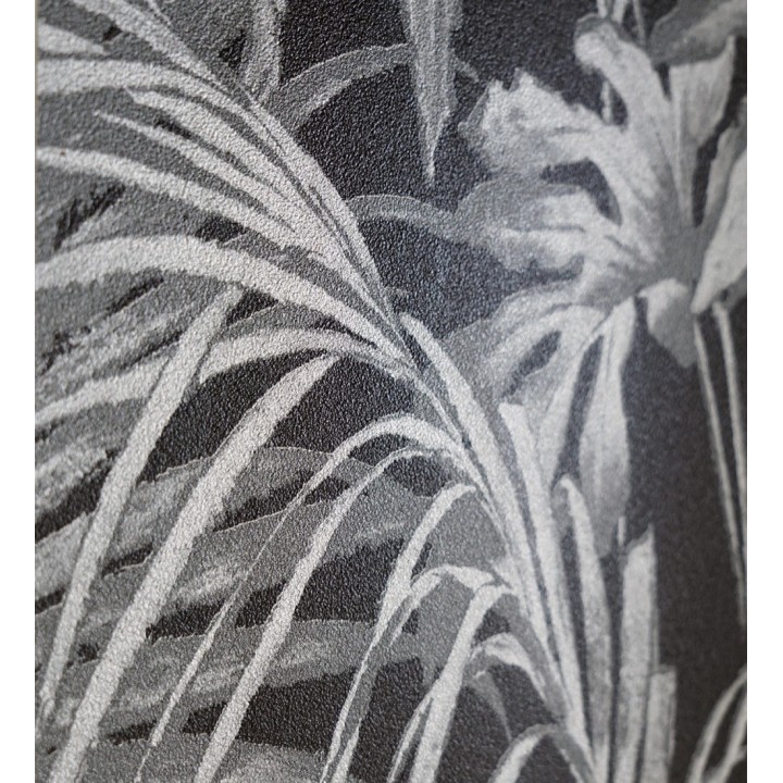 Papel pintado plantas tropicales plata fondo negro - Cumbia 121453