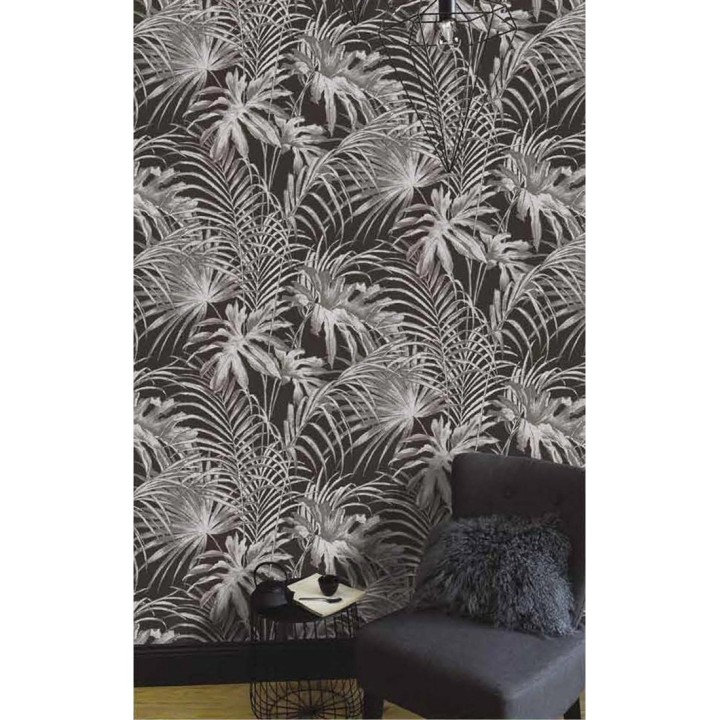 Papel pintado plantas tropicales plata fondo negro - Cumbia 121453