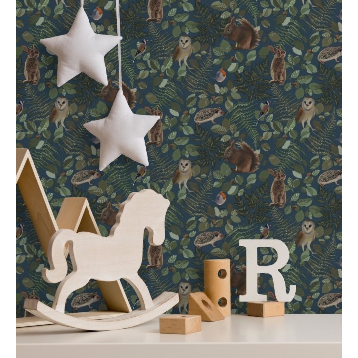 Papel pintado de animales del bosque y hojas estilo naturaleza - Maison Owls 681773