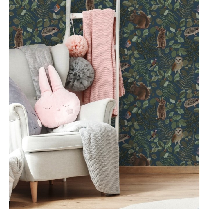 Papel pintado de animales del bosque y hojas estilo naturaleza - Maison Owls 681773