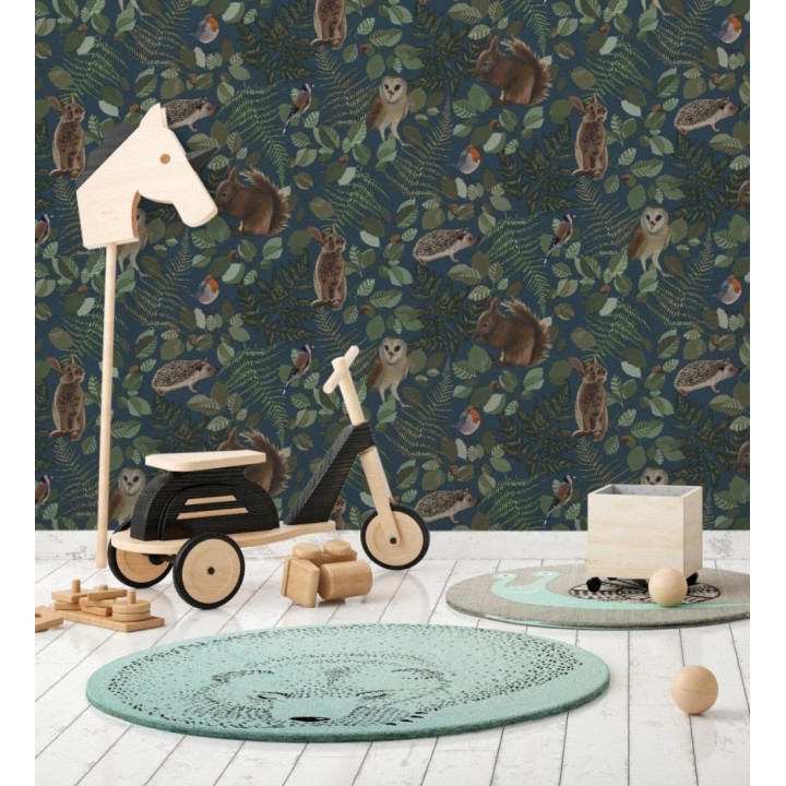 Papel pintado de animales del bosque y hojas estilo naturaleza - Maison Owls 681773