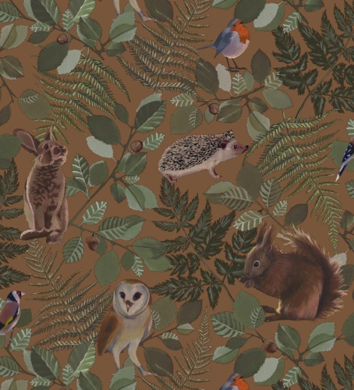Papel pintado de animales del bosque y hojas estilo naturaleza - Maison Owls 681774