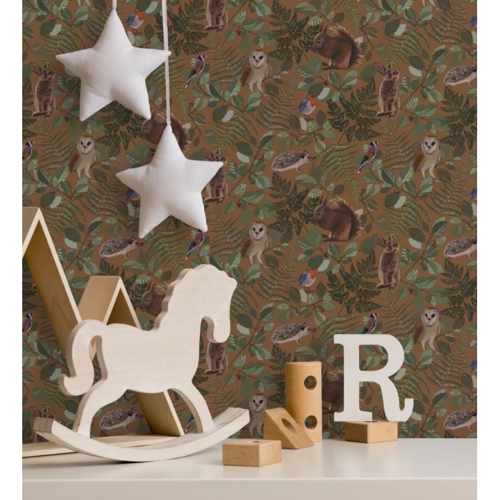 Papel pintado de animales del bosque y hojas estilo naturaleza - Maison Owls 681774