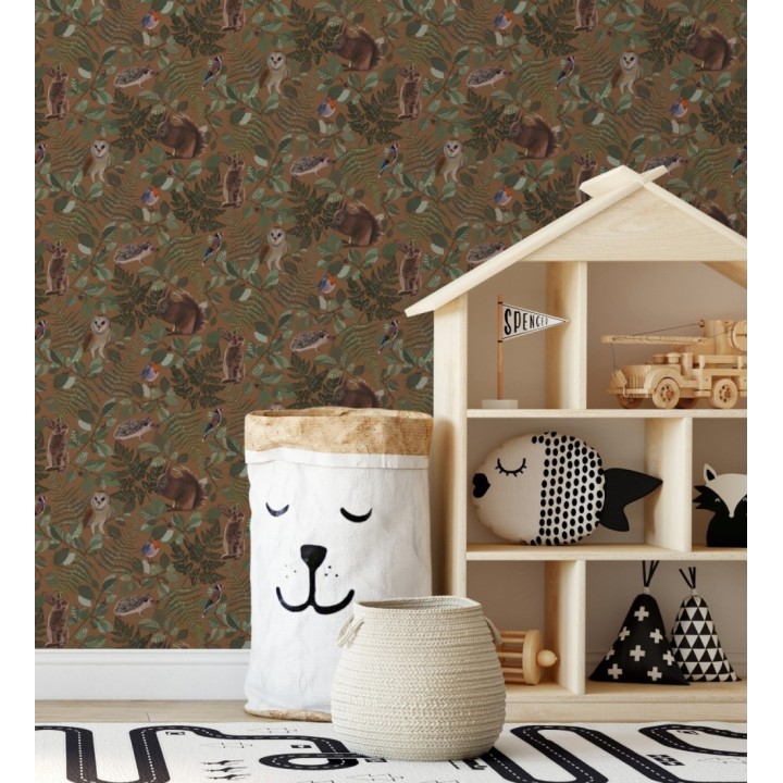 Papel pintado de animales del bosque y hojas estilo naturaleza - Maison Owls 681774